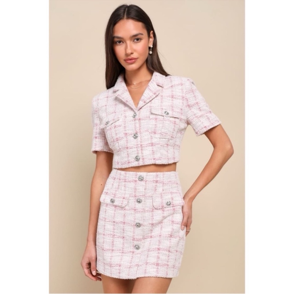 Lulu’s Posh Influence Pink & White Tweed Rhinestone Button up Top & mini skirt